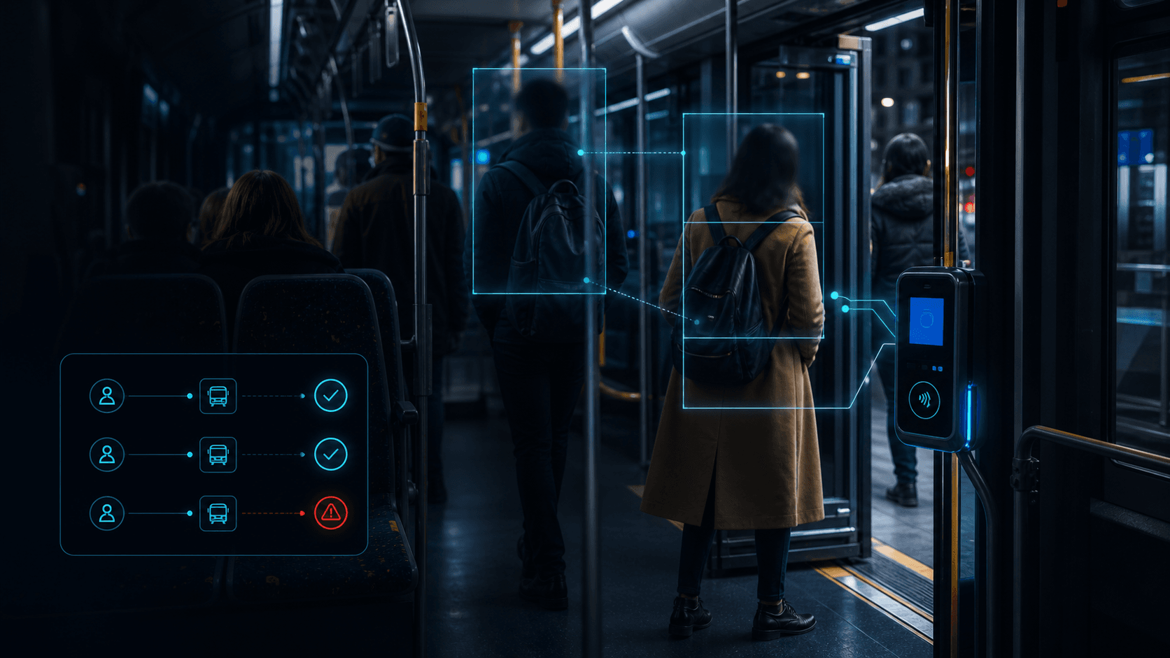 Modern bus interior at night with passengers near the entrance and cyan AI matching overlays around boarding events