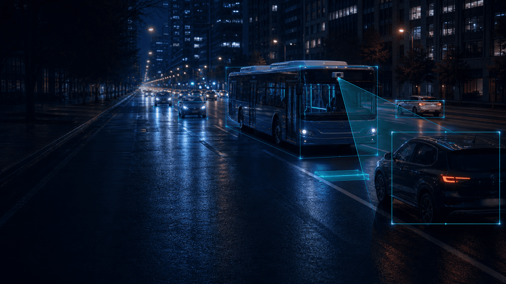 Night city road with a public transit bus and cyan AI detection overlays around vehicles