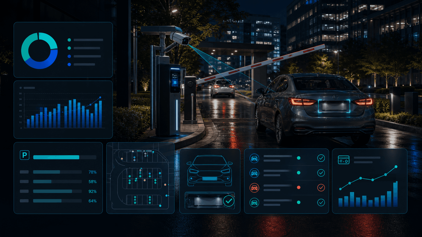 Business center gated parking entrance at night with barrier, ANPR camera, car, and dashboard-style analytics overlays