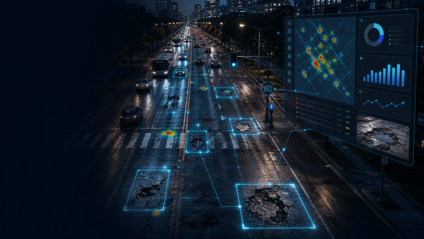 Aerial night road with potholes highlighted by cyan detection boxes and a transparent analytics dashboard
