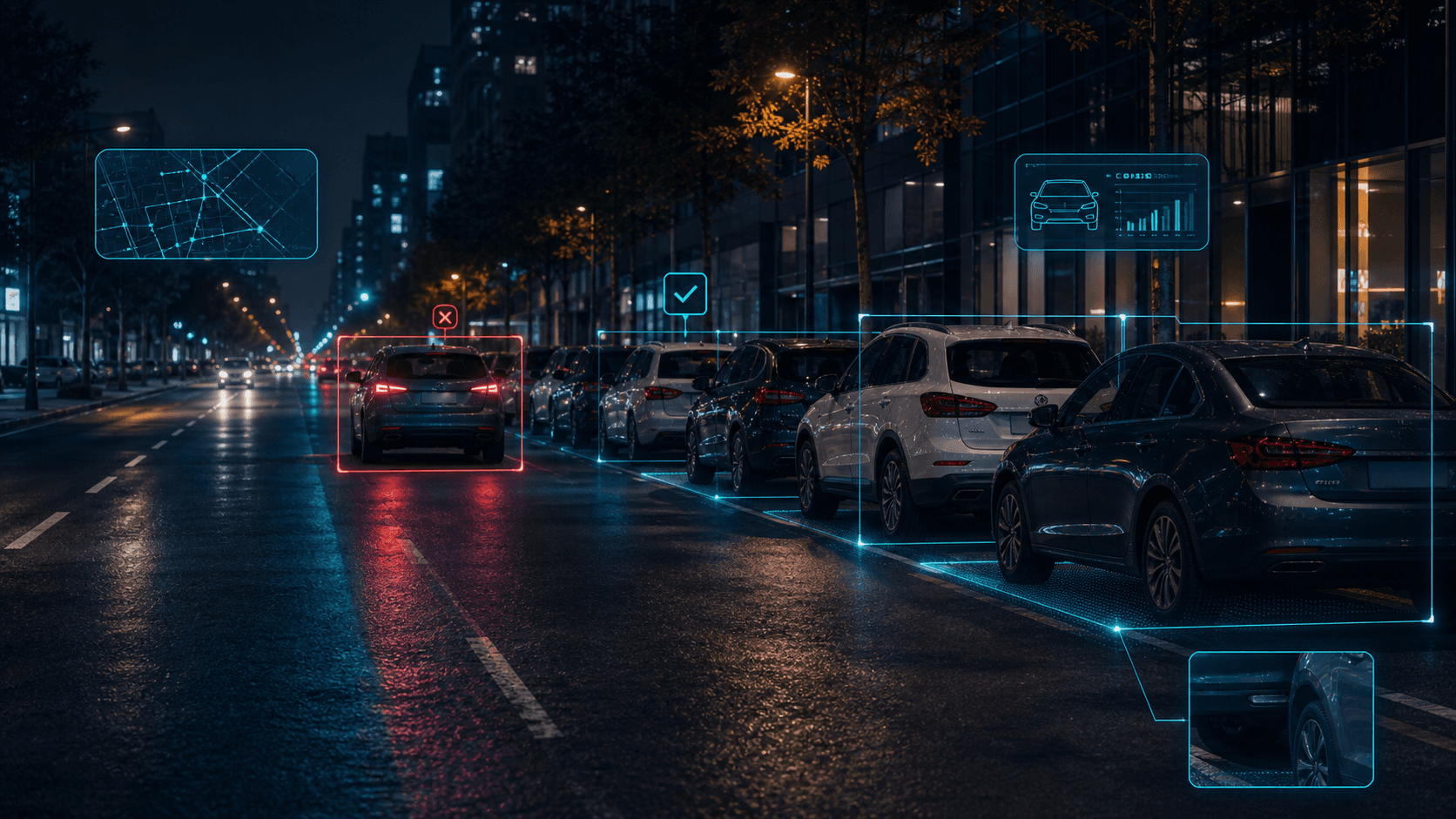 Night curbside parking street with cyan occupancy overlays and a red violation marker